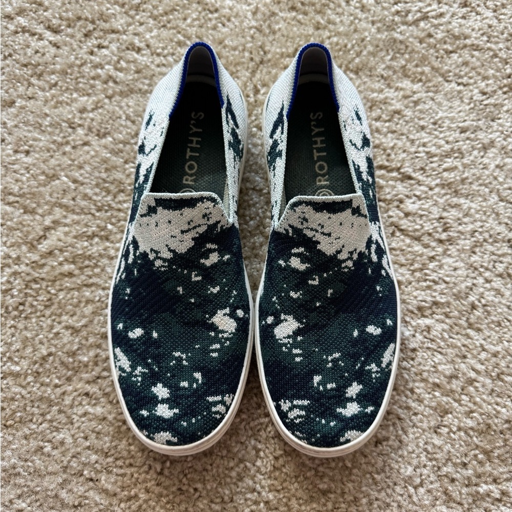 Rothy's Knit Slip-On Sneakers in Dark Green and White Splatter